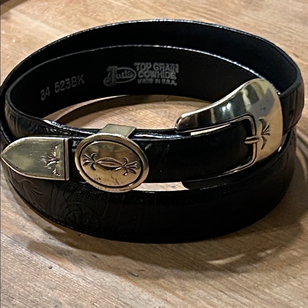 Justin Black Leather Belt Tapered, Silver Buckle set, Embossed Tooled size 34